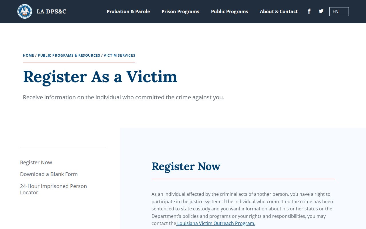 Washington Parish state-custody release notification through Louisiana DPS and C Victim Registration