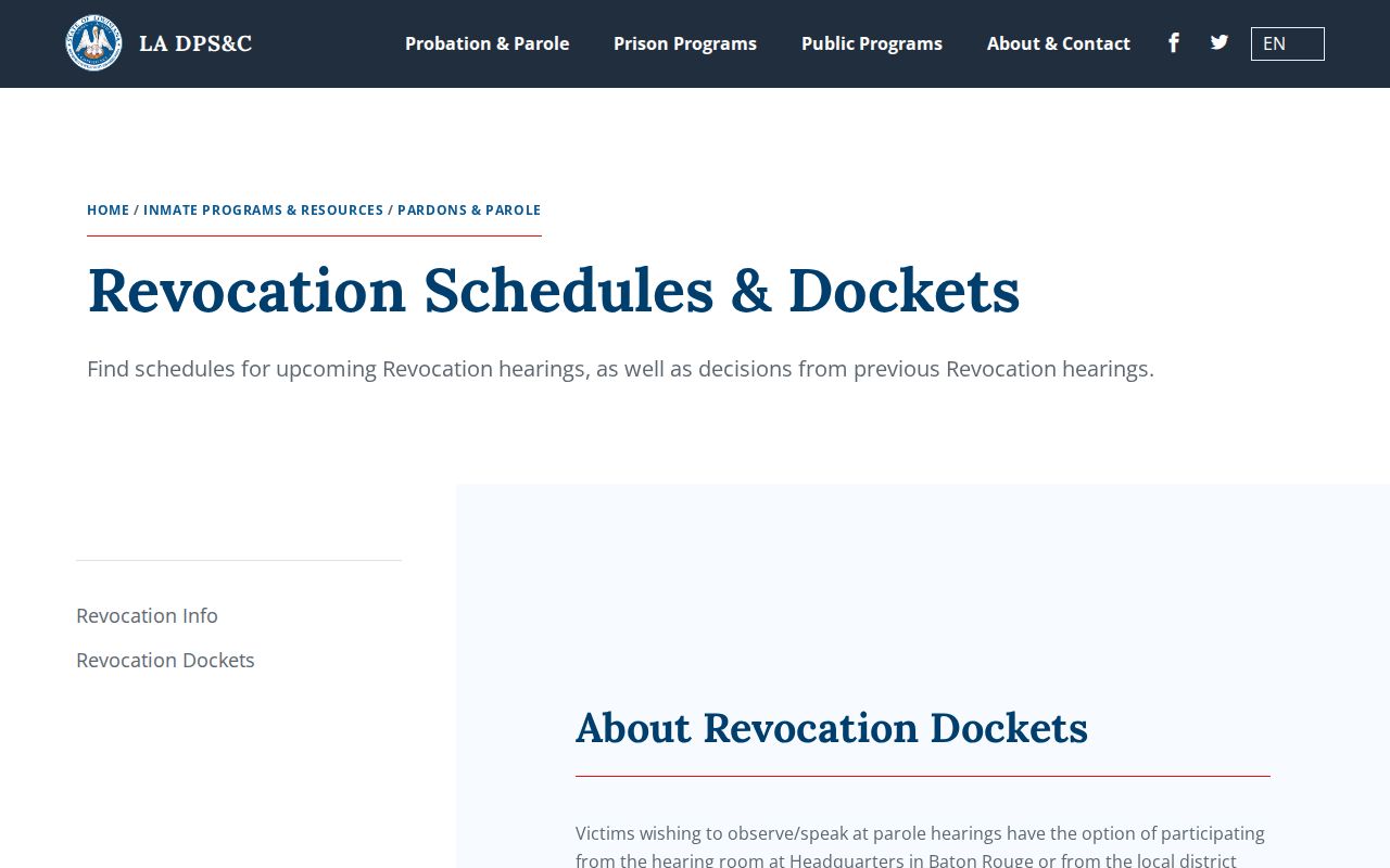 Washington Parish parole revocation schedule and decision records