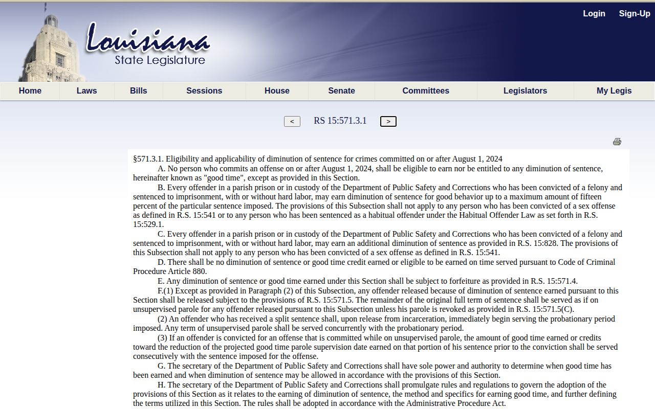 Washington Parish release date good-time law under Louisiana Revised Statutes 15 571.3.1