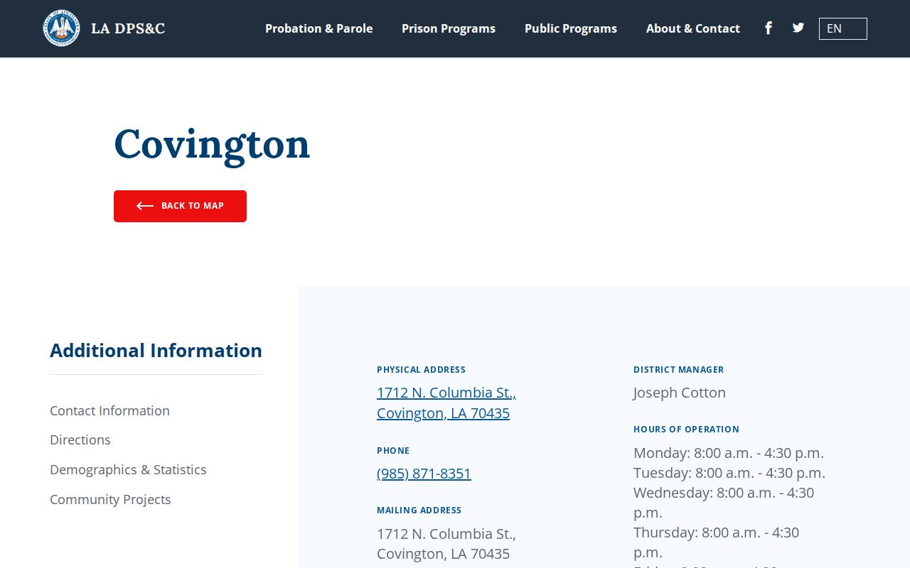 Washington Parish post-release supervision Covington District office